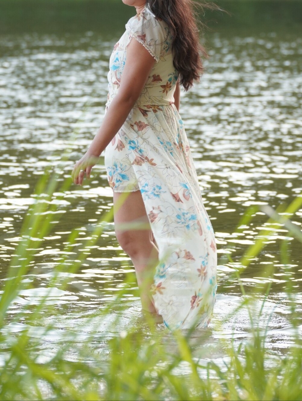 Flowy Floral High-Low Maxi Dress - Cream with Blue & Brown Flowers